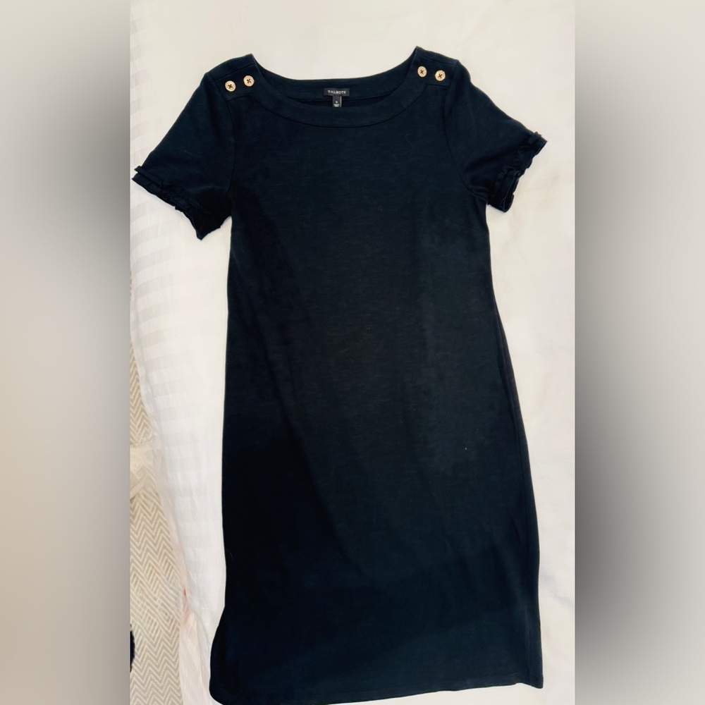 NWT Talbots Black Short Sleeve Sheath Dress boat neck gold buttons women’s Small